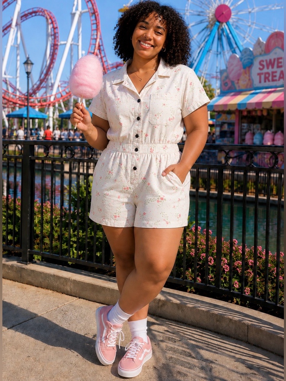 NWOT Celebrity Pink SZ XXL white/pink floral denim romper/bust 46”-50”
